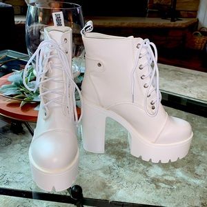 White faux leather heeled boots